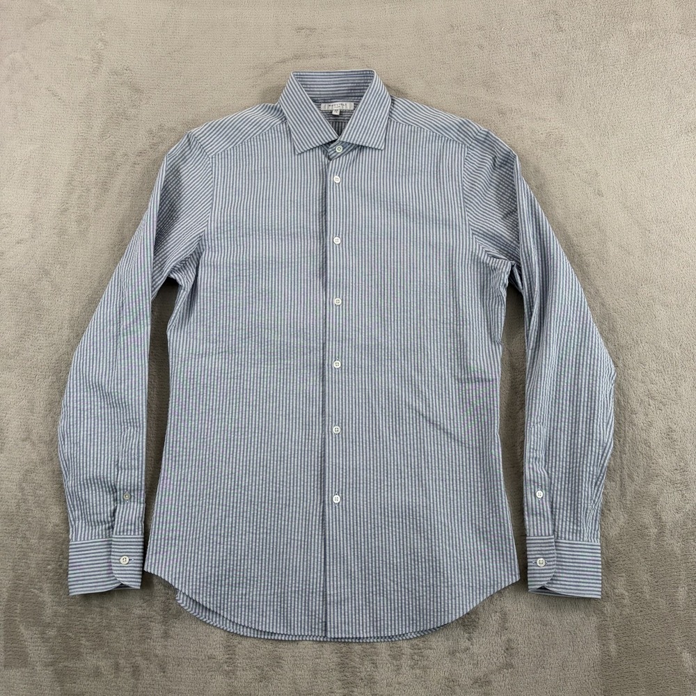 Boglioli Milano Dress Shirt in Grey Striped SeerSucker Men 38 15 Italy NWOT $450